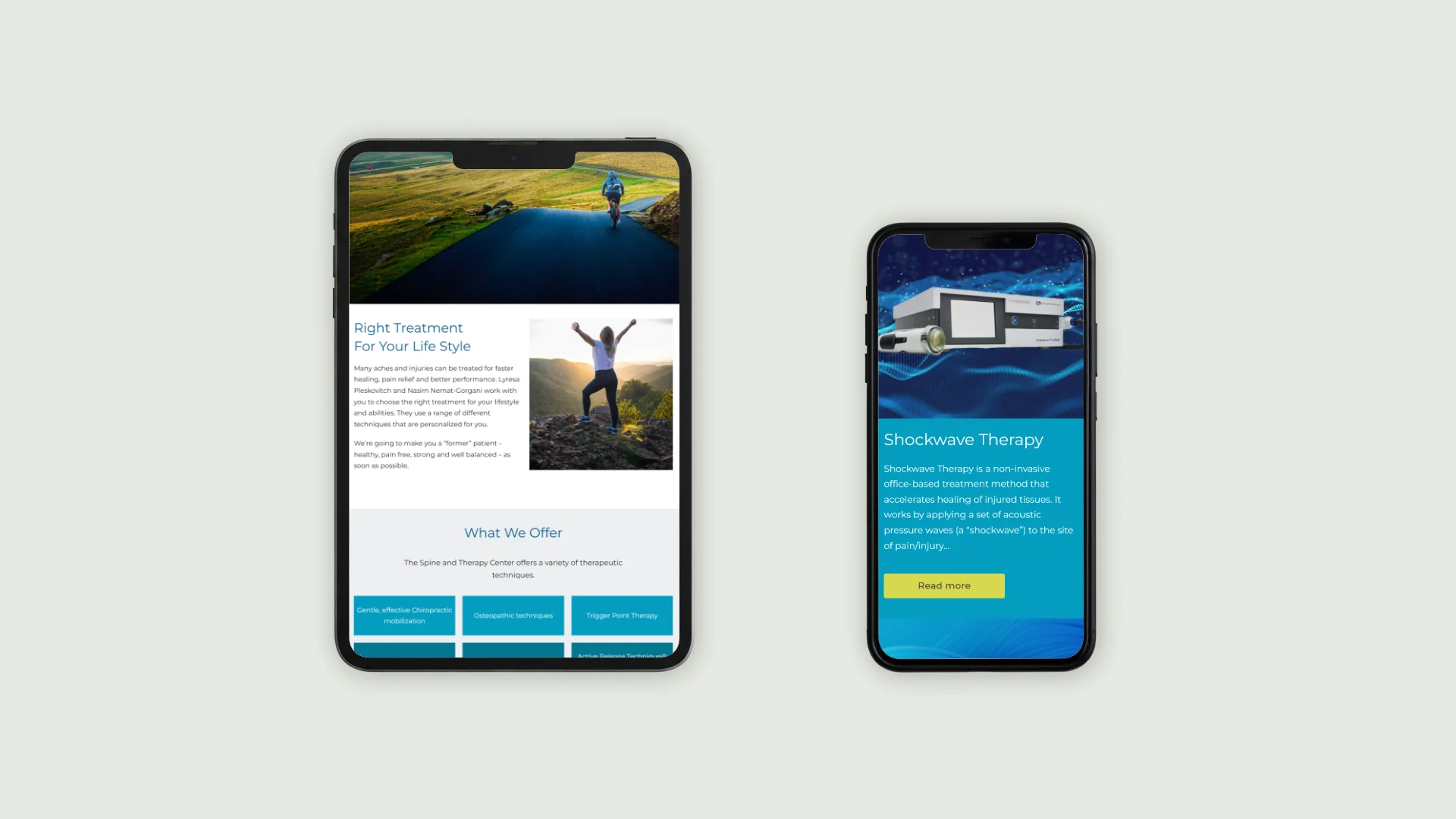 A tablet and smart phone showing Spine and therapy website page